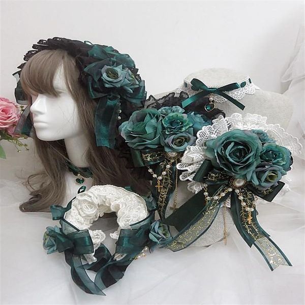 Masques de fête Girl Design Lolita Dentelle Épingles à cheveux Fleur Vert Foncé Perle Croix Gothique Femmes Costume Collier Bandeau Cosplay Headpiec308H