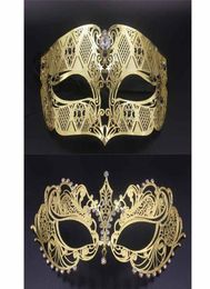 Party Masks Gold Metal Party Mask Phantom Men Women Filigree Filigree Venetian Mask Set Masquerade Couple Set Crystal Cosplay Prom Wedding 3986608