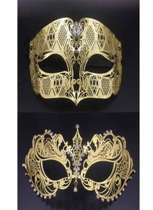 Party Masks Gold Metal Party Mask Phantom Men Women Filigree Venetiaans Mask Set Masquerade Paar Set Crystal Cosplay Prom Wedding 3986608