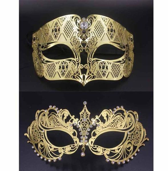 Party Masks Gold Metal Party Mask Phantom Men Femmes Filigree Masque Venetian Set Masquerade Couple Set Crystal Cosplay Prom Wedding 3402780