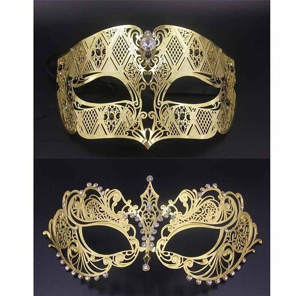 Masques de fête Masque de fête en métal doré Phantom Hommes Femmes Filigrane Masque Vénitien Ensemble Mascarade Couple Ensemble Cristal Cosplay Bal Mariage 252P