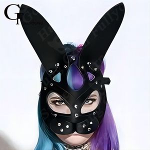 Máscaras de fiesta Máscara de oreja de conejo de medio ojo Moda Restricción facial Juego para adultos Sexo Cuerpo Correa para el hombro PU Cinturón de seguridad de cuero Hobby Disfraz Maquillaje Seks 230329