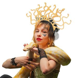 Party Masks Halloween Cosplay Medusa Gouden Snake Kostuum Hoofdband Dress-Up Headpiece Carnaval Christmas Masquerade Supplies