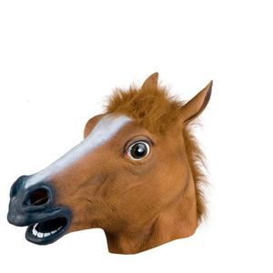 Masques de fête Halloween effrayant tête de cheval fourrure crinière caoutchouc Latex fou Animal mascarade Costume drôle 230206