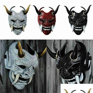 Masques de fête Halloween Face Hannya Demon Oni Samurai Noh Kabuki Red Prajna Cow Devil Latex Adt Uni avec cornes de corde 220826 Drop Deliver DHC7P