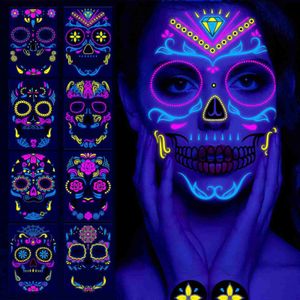 Masques de fête Halloween autocollants fluorescents bras drôle fantôme visage autocollants de tatouage imperméables femmes hommes fournitures de fête mascarade cosplay accessoires Q231009