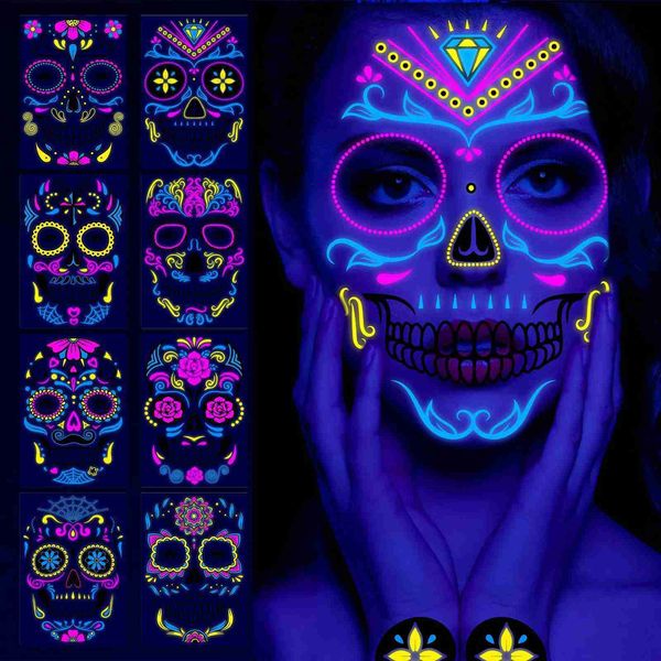 Masques de fête Halloween autocollants fluorescents bras drôle fantôme visage autocollants de tatouage imperméables femmes hommes fournitures de fête mascarade cosplay accessoires Q231009