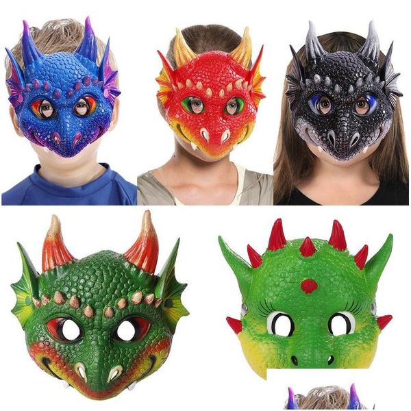 Máscaras de fiesta de Halloween para niños Diseño de dragón Niño Niños Niñas Rojo Azul Verde Negro Dinosaurio Suministro de cosplay Entrega de gota Hogar Jardín Dh2Kk