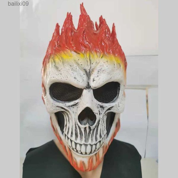 Máscaras de fiesta Halloween Ghost Rider Llama roja y azul Máscara de calavera Horror Fantasma Cara completa Máscaras de látex Cosplay Accesorios de disfraces T230905