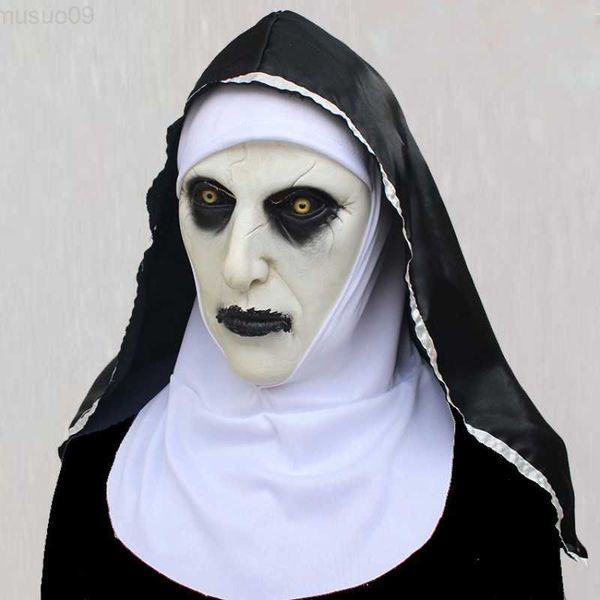 Masques de fête Halloween Horreur Nun Masque Effrayant Mascarade Cosplay Masque En Latex Drôle Nonne Pleine Tête Masque Effrayant Plein Visage Capuche Latex Mascara L230803