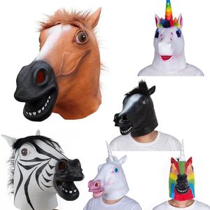 Máscaras de fiesta Halloween Látex Cabeza de caballo Cebra Cosplay Disfraz de animal Teatro Broma Accesorios locos Unicornio blanco Máscara facial completa 231124