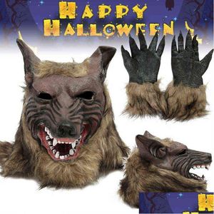 Masques de fête Halloween Latex Caoutchouc Tête de loup Masque de cheveux Gants de loup-garou Costume Décor effrayant Y220805 Drop Livraison Maison Jardin Festif Dhqrc