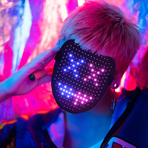 Máscaras de fiesta Máscara de Halloween LED Bluetooth RGB Light Up Display DIY Po Texto animado Broma Cosplay Carnival Props 230901