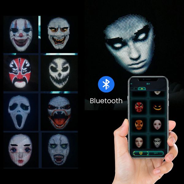 Masques de fête Masque d'Halloween LED Bluetooth RGB Light Up Display DIY P o Édition Texte animé Prank Concert 230411