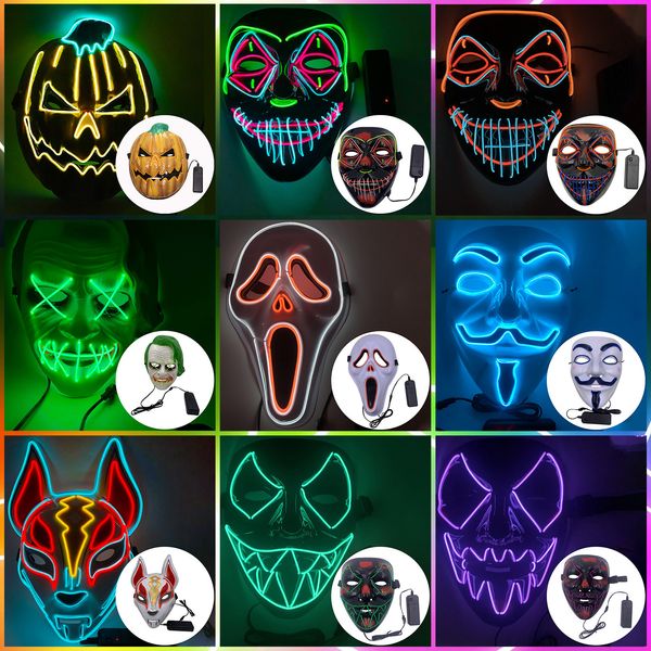 Máscaras de fiesta Halloween Color mezclado Led Masque Masquerade Neon e Light Glow In The Dark Horror Glowing er 230216