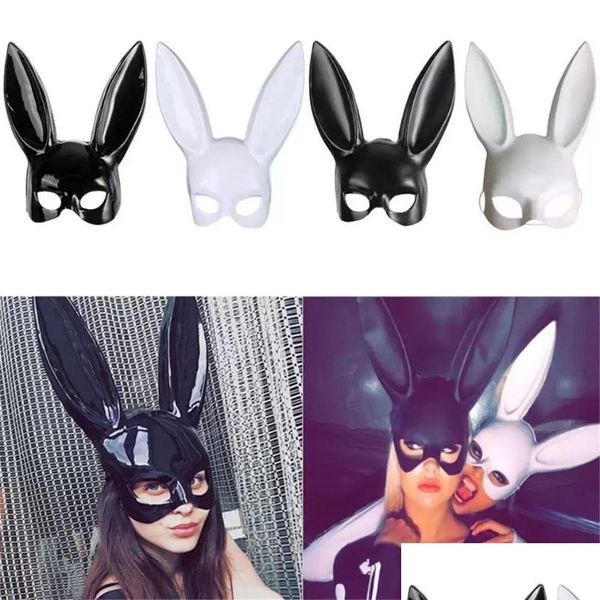 Máscaras de fiesta Suministros de Halloween Mascarada Máscara de vestir Máscaras de orejas de conejo largas Conejito lindo Negro Blanco Mitad superior Cara Bola Fiesta Gota Dh5Rm
