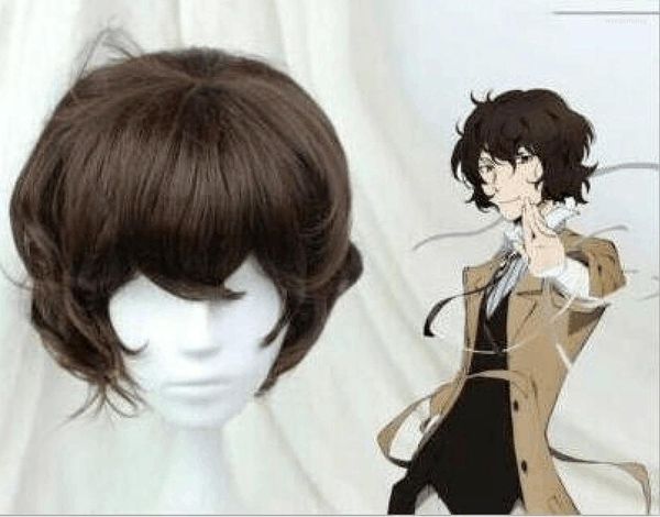 Máscaras de fiesta de alta calidad Anime Bungo Stray Dogs Dazai Osamu peluca resistente al calor corto marrón rizado pelo sintético Cosplay pelucas Cap