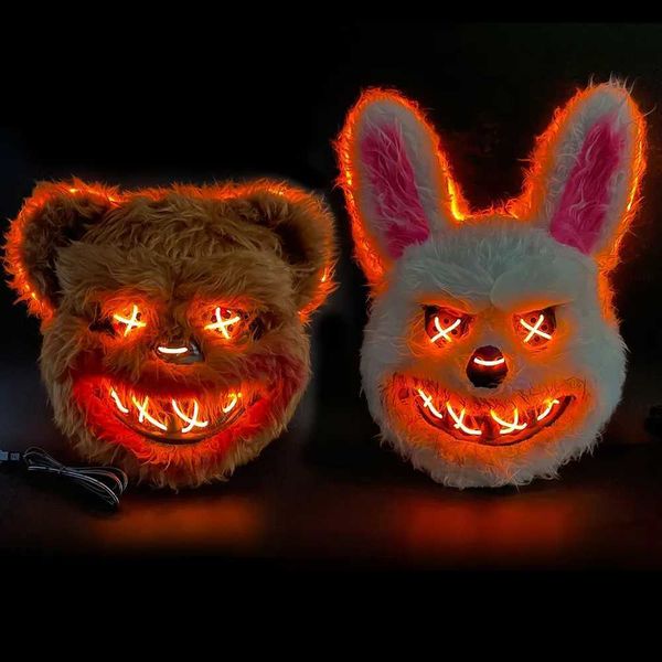 Máscaras de fiesta Horror Bloody Rabbit Bear Mask Halloween LED Luminoso Animal Simulación Máscara de piel Cosplay Mascarada Fiesta Decoración de disfraces Q231007