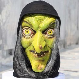 Masques de fête Horreur Old Witch Mask Halloween Green Face Latex et Hair Fantasy Robe Grimace Costume Rôle Propy