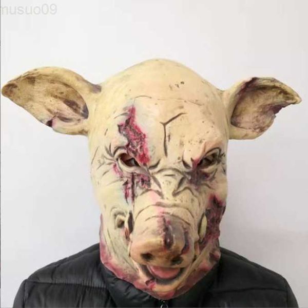 Masques de fête Masque d'animal de cochon d'horreur Masque de cochon en latex Costume d'Halloween Effrayant Masque de cochon de scie électrique Tête complète Horreur Mal Animal Prop L230803