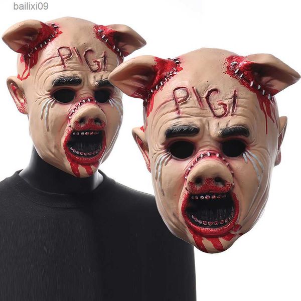 Máscaras de fiesta Horror Saw Cry Pig Head Mask Cosplay Bloody Demon Killer Animal Casco Halloween Carnival Night Club Party Costume Props T230905