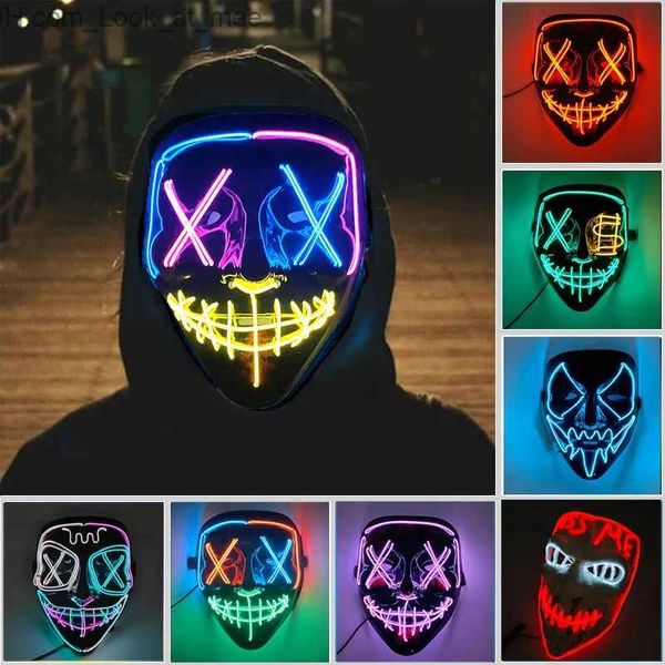 Máscaras de fiesta Venta caliente Halloween Glowing Scary Face Mask Luminoso LED Máscara de purga Luz de neón Up Horror Party Mask Cosplay Suministros de disfraces Q231009