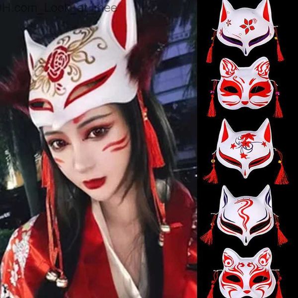 Máscaras de fiesta Máscara de zorro japonesa Media cara Pintado a mano Máscara de zorro de gato Anime Festival de Halloween Maquillaje Máscara de baile Disfraces de fiesta Accesorios de cosplay Q231007