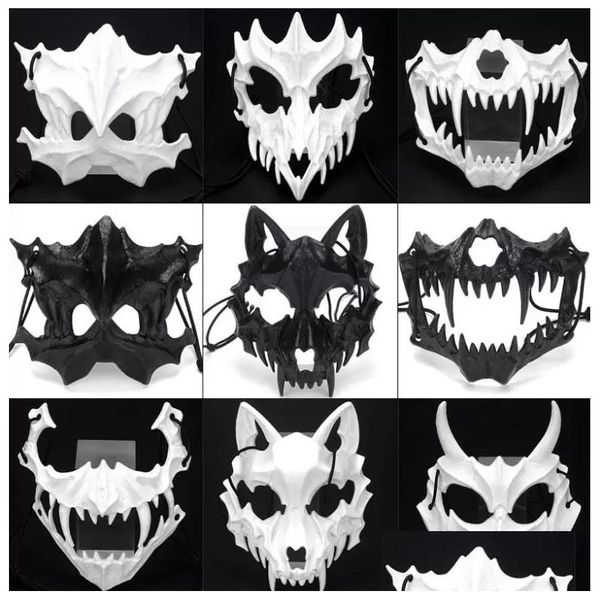 Mascaras de fiesta Half Mask Mask Horror Ye Yaksha Dragon God Tengut Tortoise Resin Skl Scary Cos Costume Props Black White Drop entrega DHA18