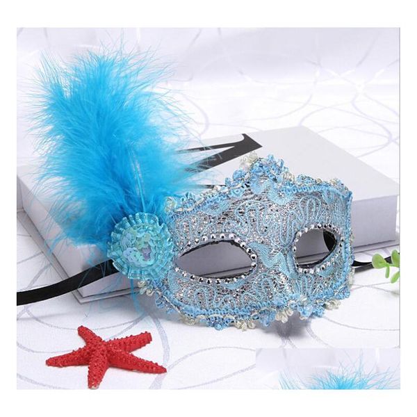 Máscaras de fiesta Máscara de dama Gorro de mascarada y pluma lateral Festival de la pequeña princesa de Venecia Accesorios de actuación en el escenario Entrega de gota Dh3Jh