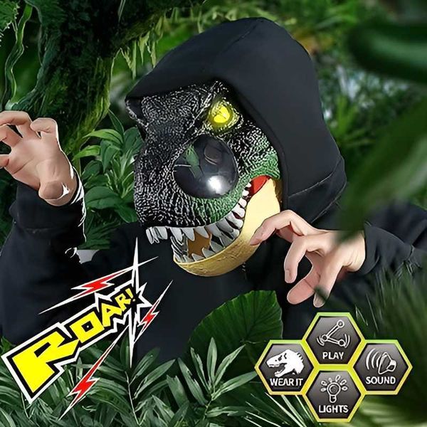 Máscaras de fiesta LED Máscara de dinosaurio de Halloween Simulación de dragón Ojos de tiranosaurio Casco de casco de dinosaurio de terror para niños Modelo animal Niños HKD230801