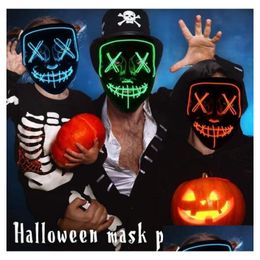 Feestmaskers Led-masker Halloween-masker Maskerade Neonlicht Glow In The Dark Horror Gloeiend masker Gemengde kleur Drop Delivery Home Gard Dhj8R