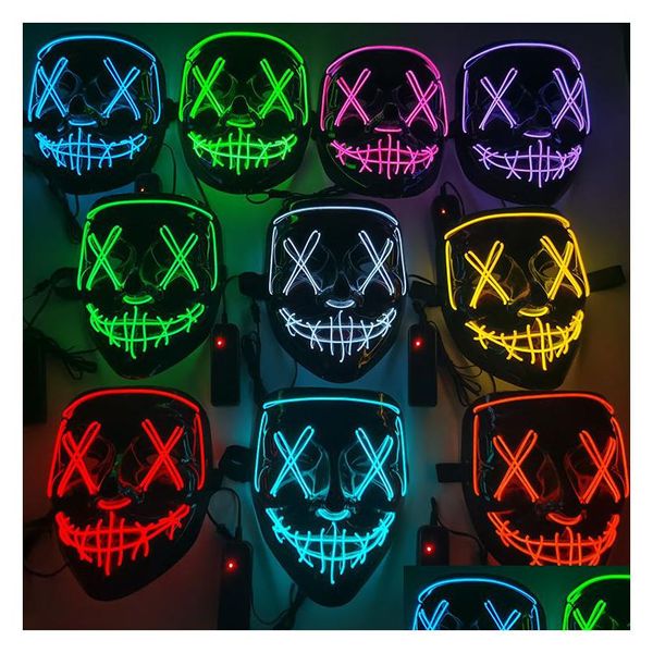 Máscaras de fiesta Máscara LED Máscara de Halloween Mascarada Luz de neón Resplandor en la oscuridad Horror Máscara brillante Color mezclado Gota Entrega Inicio Gard Dhmdq