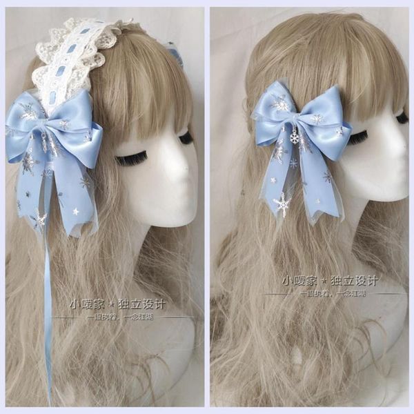 Masques de fête Lolita bandeau de cheveux dentelle arc flocon de neige rêve bleu accessoires KC cerceau épingle à cheveux Cosplay Kawaii Super fée bandeau