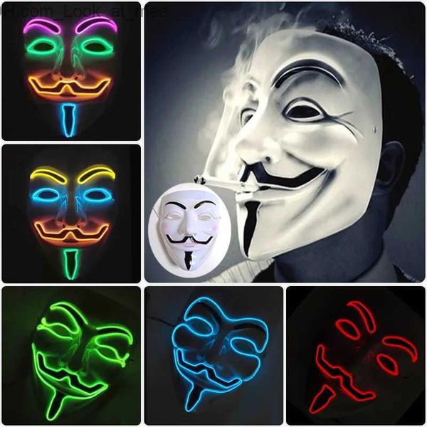 Máscaras de fiesta Luminoso Light Up V para Vendetta Mask Cosplay Guy Fawkes Hacker EL Wire Máscara brillante para Halloween Carnival Masquerade Q231009