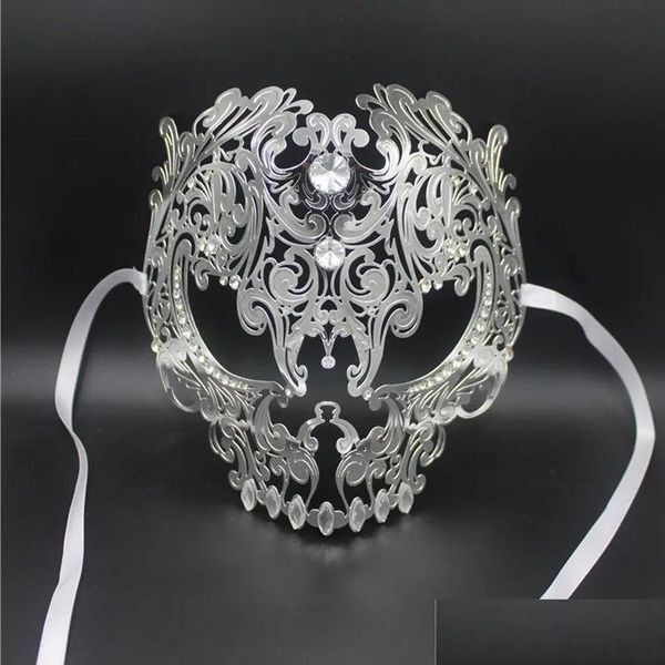 Máscaras de fiesta Máscaras Venta al por mayor Black Fl Face Skl Hombres Mujeres Metal Laser Cut Sier Masquerade Party Gold Red Ball Rhinestone Prom Venetian D Dhyqm