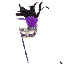 Feestmaskers Maskerade Masker Bruiloft Carnaval Prestatie Paars Kostuum Dame Venetië Veer Sexy Halloween Y220805 Drop Delivery Hom Dh2Ne