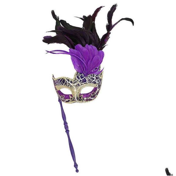 Máscaras de fiesta Máscara de mascarada Boda Carnaval Rendimiento Disfraz Púrpura Lady Venecia Pluma Sexy Halloween Y220805 Entrega de gotas Hom DH2NE