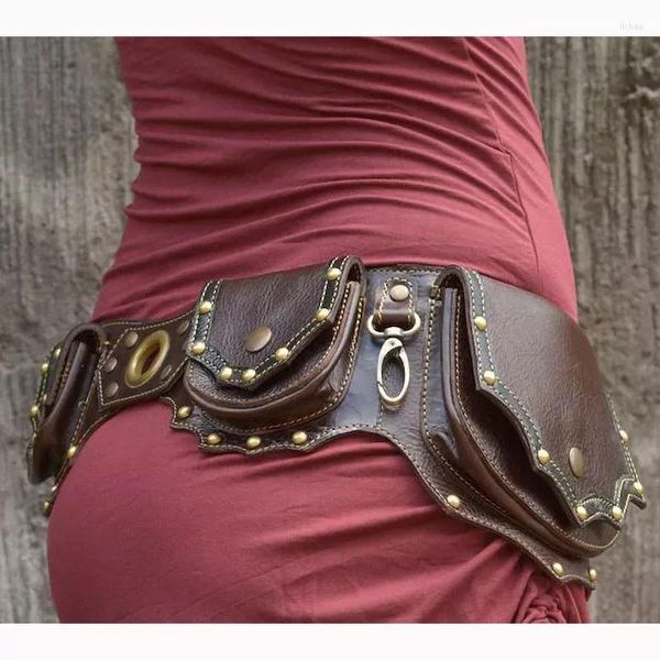 Máscaras de fiesta Medieval Steampunk PU cinturón utilitario de cuero Vintage Hip Bag bolsillo mujeres Fanny Pack Viking Knight Cosplay Festival cintura cartera