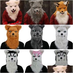 Feestmaskers Beweegbare mond Dierenkopmasker Pluche Hond Wolf Orang-oetan Imitatiebont Pak Halloweenkostuums Prop Cosplaybenodigdheden Drop Deli Oty7K