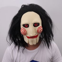 Party Masks Movie Saw Chainsaw Massacre Jigsaw Puppet met pruikhaar latex Creepy Halloween Horror Scary Mask unisex cosplay prop 230814