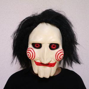 Máscaras de fiesta Película Saw Chainsaw Massacre Jigsaw Puppet con peluca Hair Latex Creepy Halloween Horror Scary mask Unisex Cosplay Prop 220920