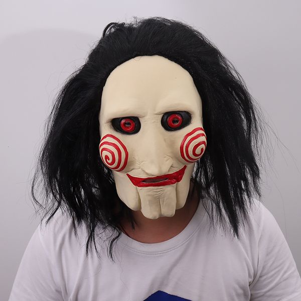 Party Masks Movie Saw Saw Chainsaw Massacre Jigsaw Puppet con peluca Látex Látex espeluznante Halloween Horror Scary Mask Unisex Cosplay Prop 230814