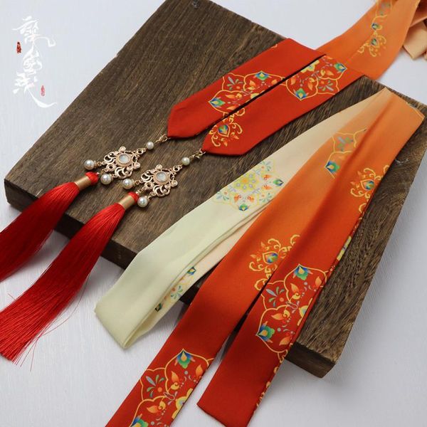 Máscaras de fiesta Original impreso borla banda para el cabello Hanfu tocado estilo antiguo cinta accesorios para la cabeza