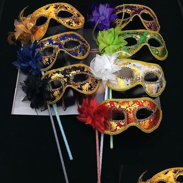 Máscaras de fiesta Máscara de fiesta Hombres Mujeres Halloween Mascarada veneciana Máscaras de mano Pluma Floral Sexy Carnaval Prom Colores mezclados Fy3618 Dhzol