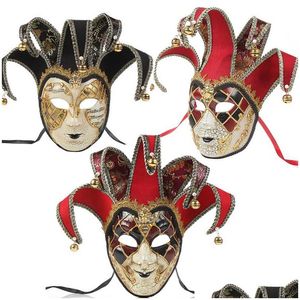 Máscaras de fiesta Partys Fl Face Hombres Mujeres Teatro veneciano Jester Crack Mascarada Máscara con campanas Mardi Gras Party Ball Halloween Cosplay DH51D