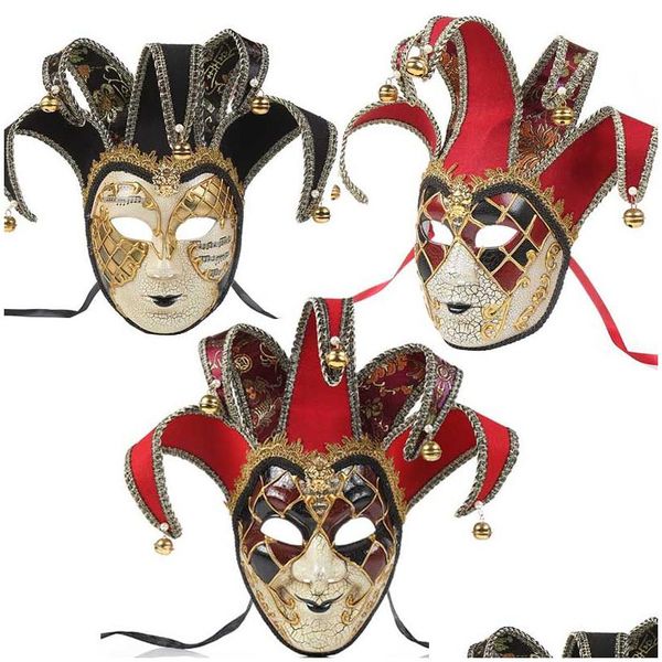 Masques de fête Partys FL Visage Hommes Femmes Théâtre Vénitien Jester Crack Masquerade Masque Avec Cloches Mardi Gras Party Ball Halloween Cosplay DH51D