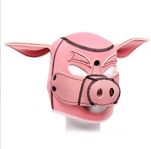 Masques de fête masque de cochon rose Sexy Cosplay jeu de rôle pleine tête souple en cuir PU chiot capot scène accessoires de performance 230705