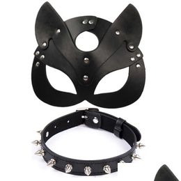 Party Maskers Porno Fetish Hoofd Masker Zweep Bdsm Bondage Hoofdsteunen Pu Leer Kat Halloween Rollenspel Speelgoed Voor Mannen Vrouwen Cosplay Games Q0818