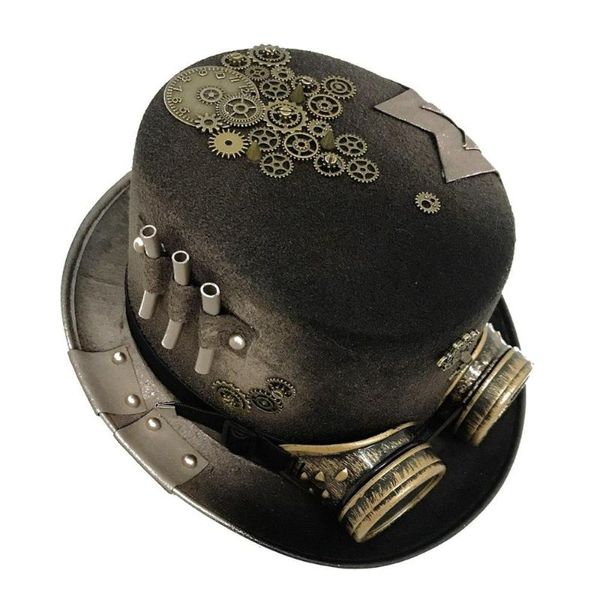 Máscaras de fiesta Punk Black Fedora Steampunk Gears Hombres / Mujeres Sombrero de copa con Googles Gothic Festival Sombreros Accesorios