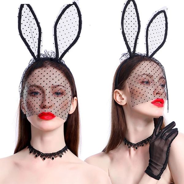 Masques de fête Lapin Oreilles De Lapin Bandeau Avec Dentelle Oeil Noir Sexy Creux Halloween Mascarade Masque Pour Les Yeux Cosplay Costume Accessoires De Cheveux De Fête 231012